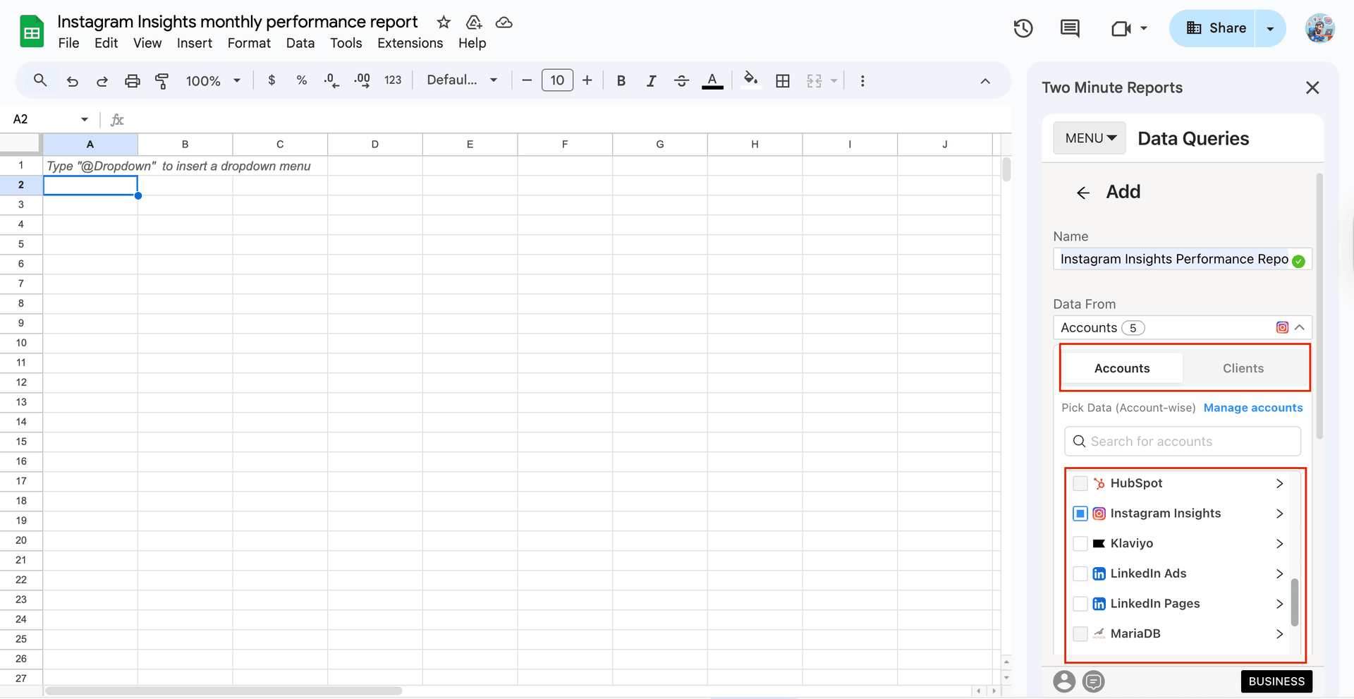 Select your Instagram Insights accounts in the sidebar