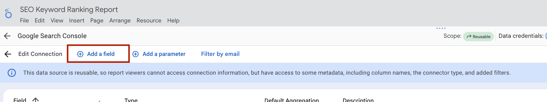 Create a custom dimension in Looker Studio by clicking add a field option
