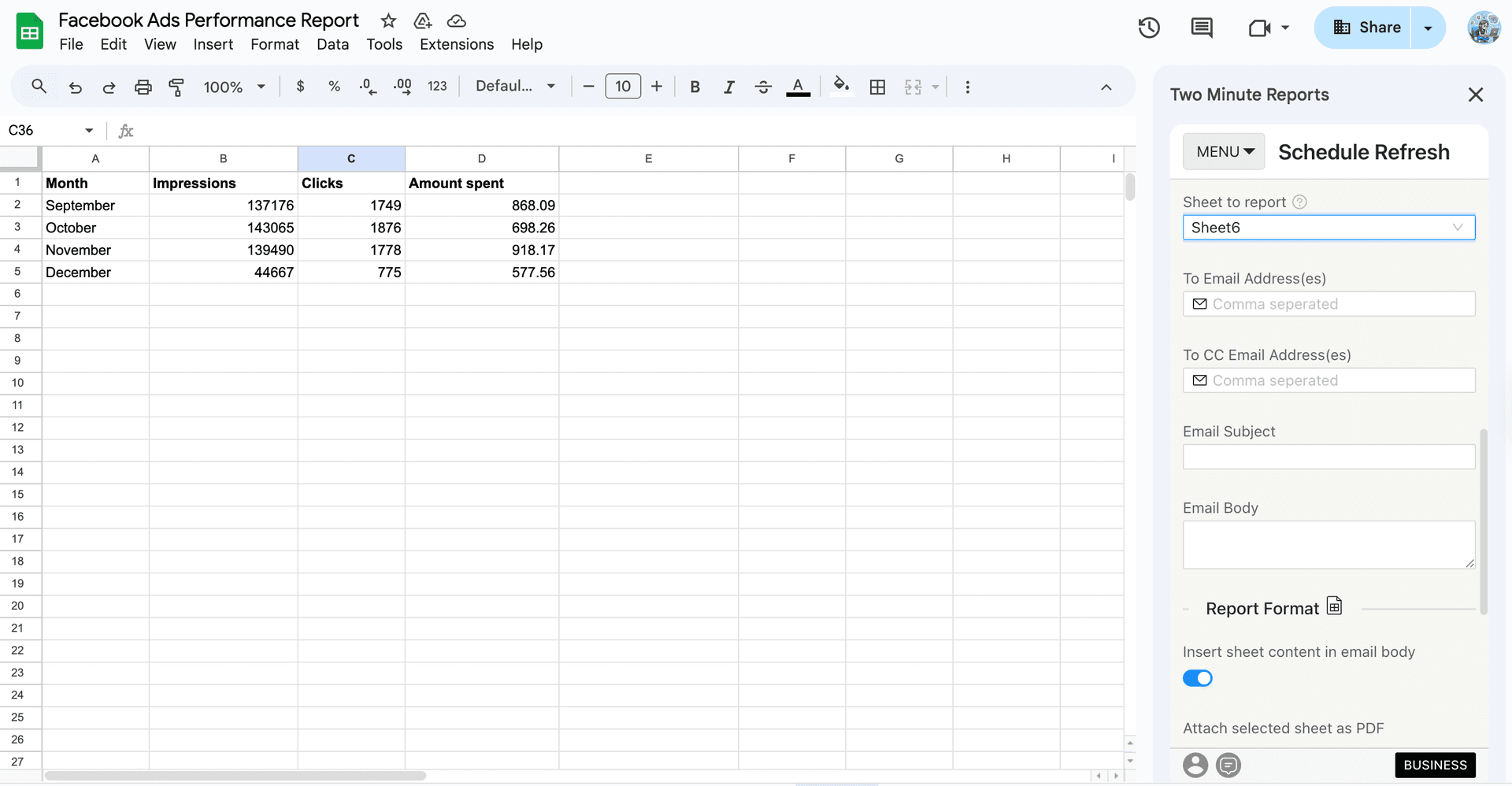 Send Facebook Ads campaign report to multiple clients by mentioning their email addresses.