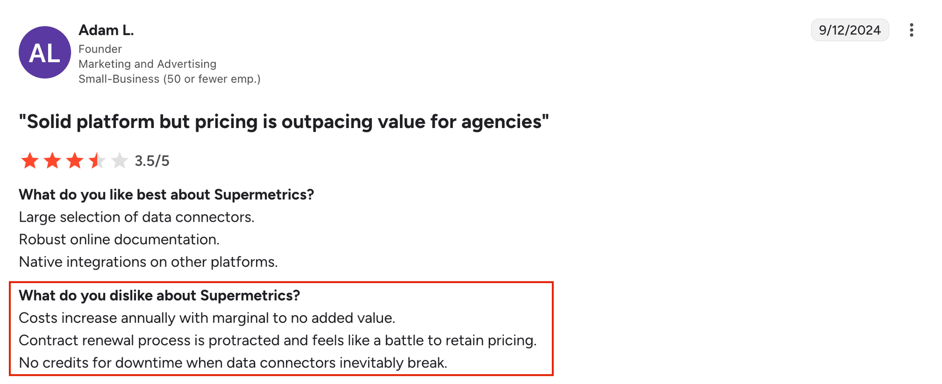 Supermetrics pricing review from G2