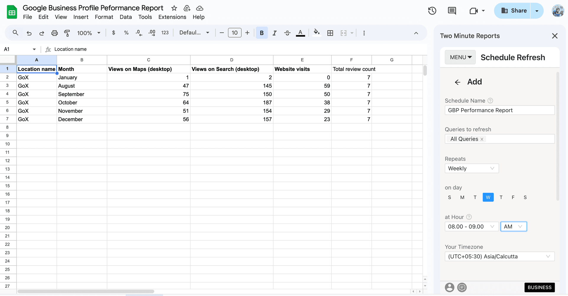 A snapshot of Google Business Profile report in Google Sheets