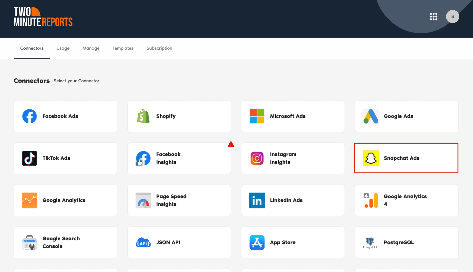 Select the Snapchat Ads Looker Studio connector 