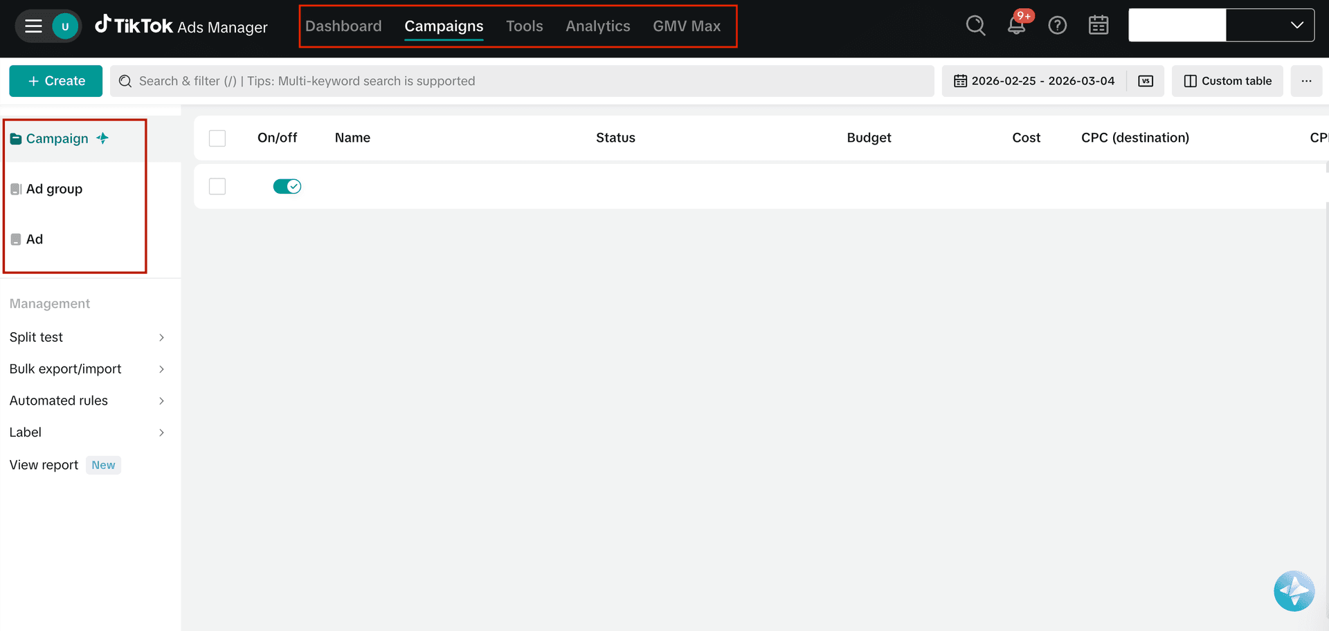 A snapshot of TikTok Ads Manager Dashboard