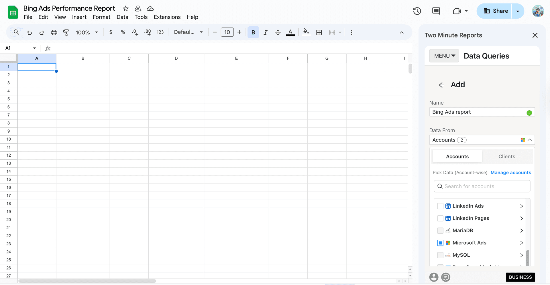 Select your client's Bing Ads accounts in Google Sheets