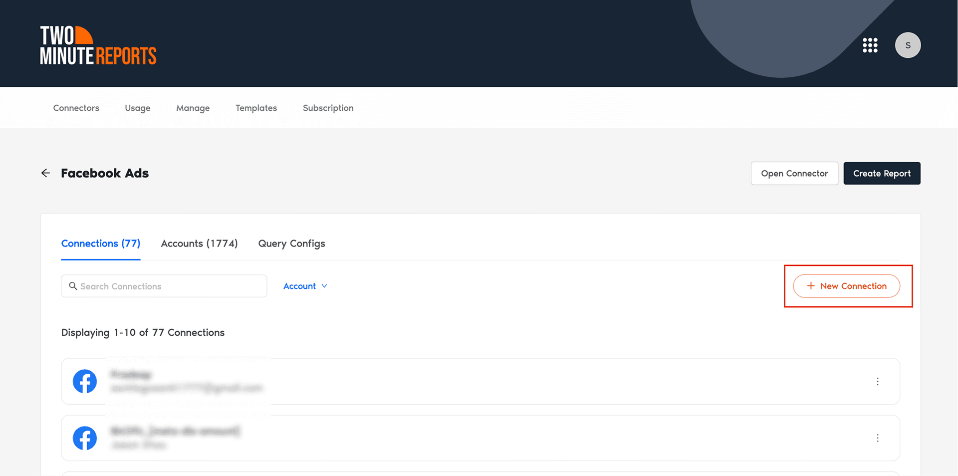 Create a new Facebook Ads Connection in Looker Studio using Two Minute Reports