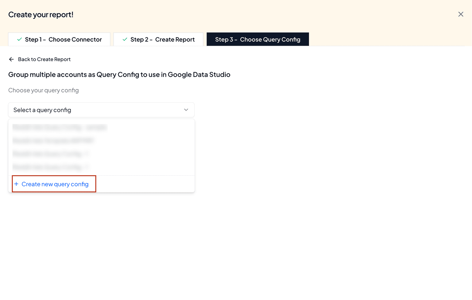 Click create query config to select your reddit ad accounts