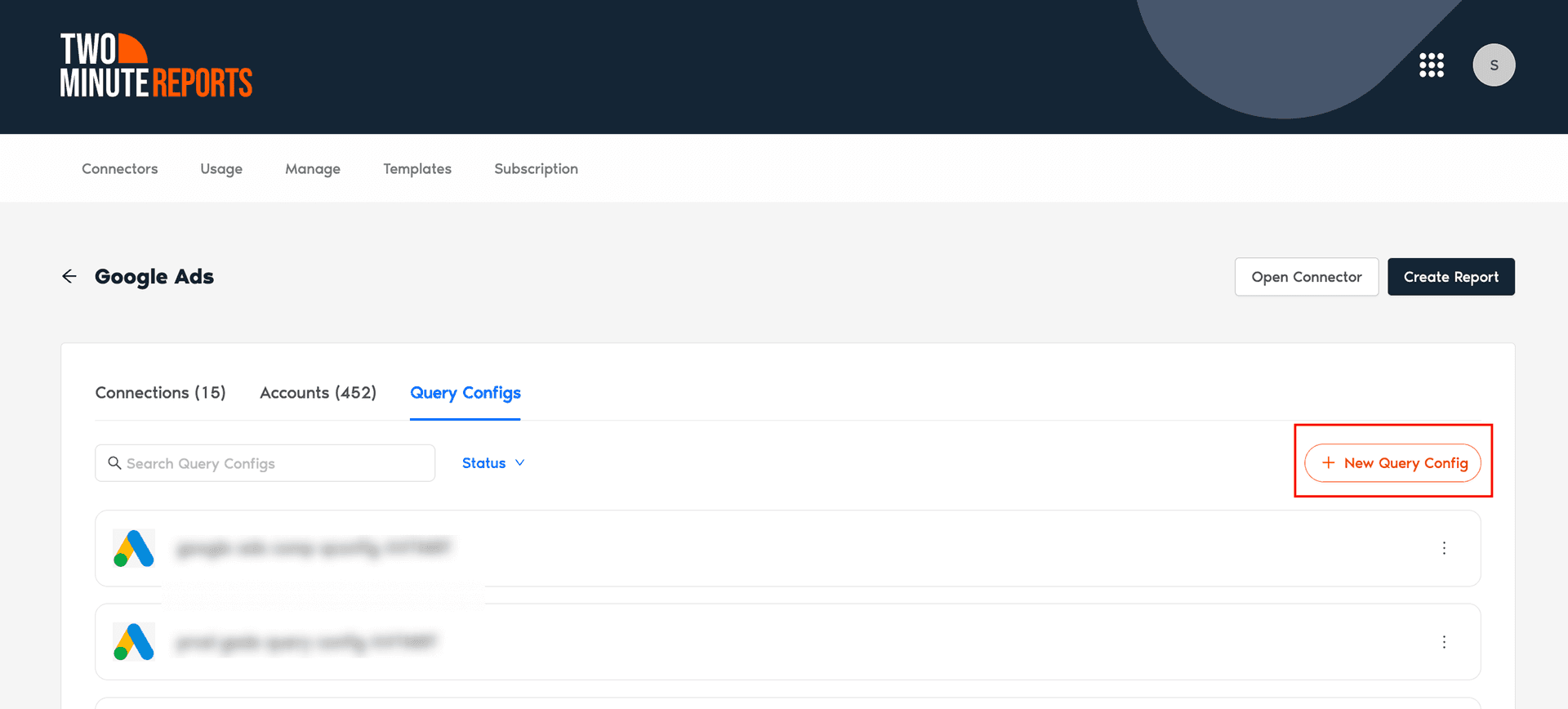 Create a new Query configuration for Google Ads in Looker Studio using Two Minute Reports