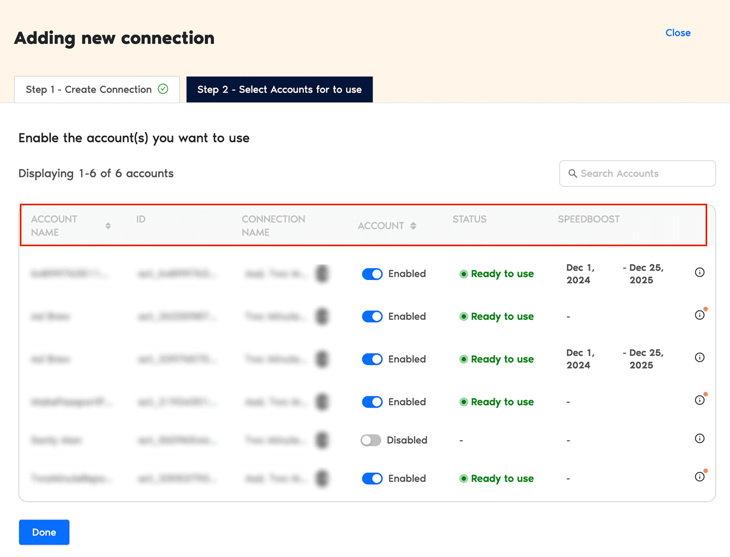 Select the Facebook ad accounts to connect with Looker Studio