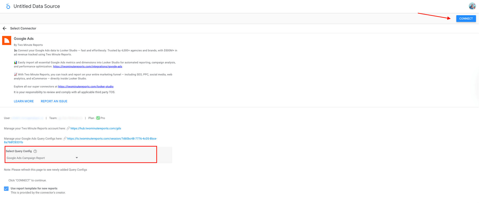 Select Google Ads query config to extract data in Looker Studio