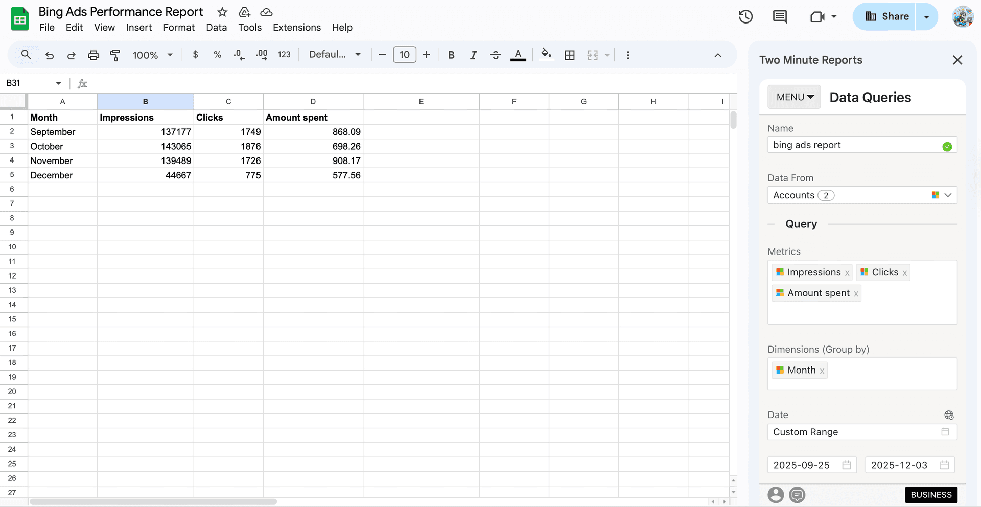 Visualize Bing Ads campaign performance data in Google Sheets