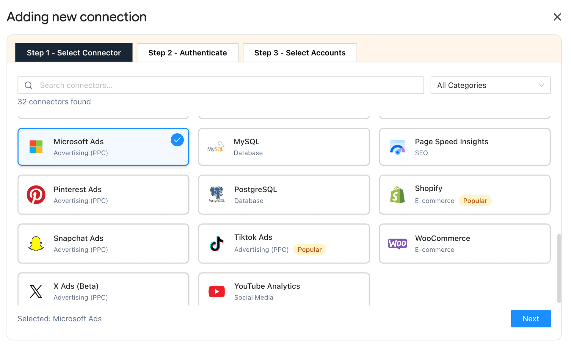 Select the Microsoft/Bing Ads connector for Google Sheets
