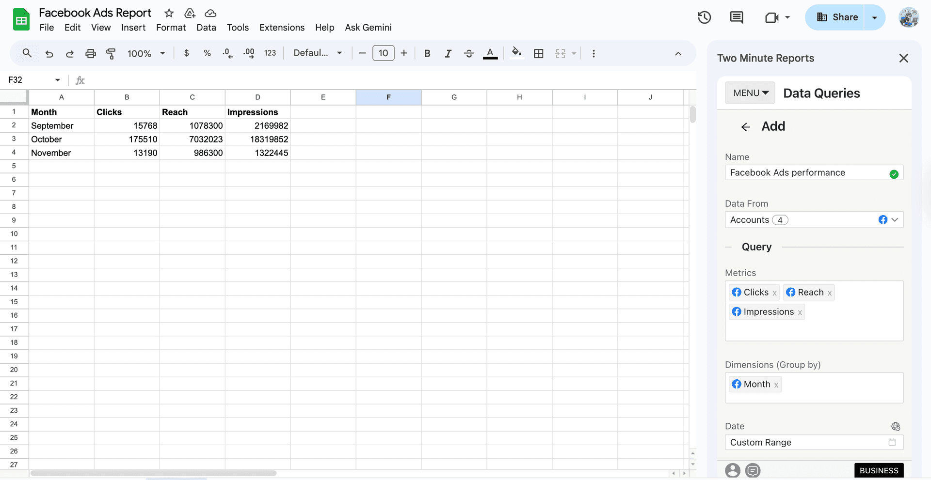 Facebook Ads report creating using Two Minute Reports
