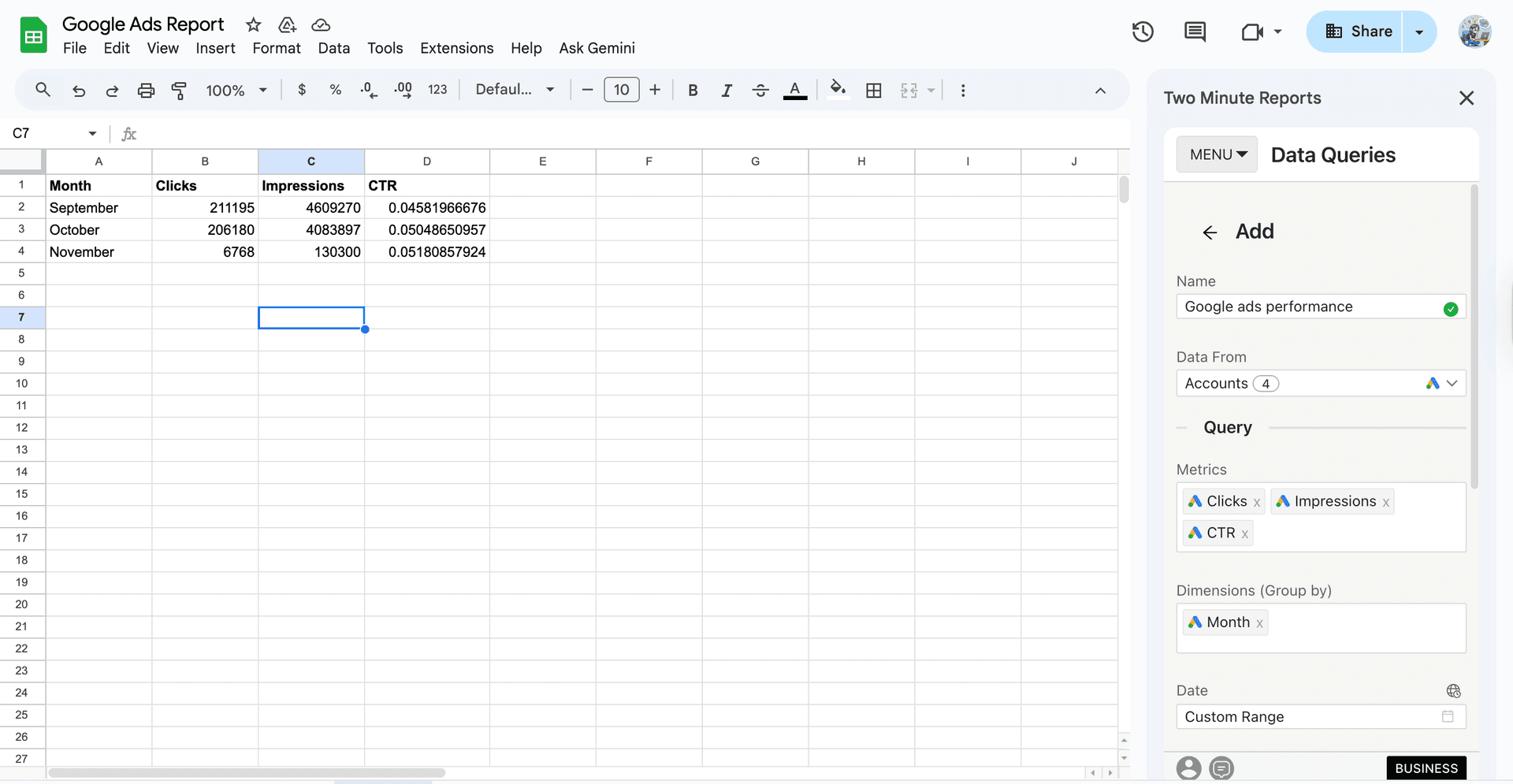 A snapshot of Google Ads report in Google Sheets