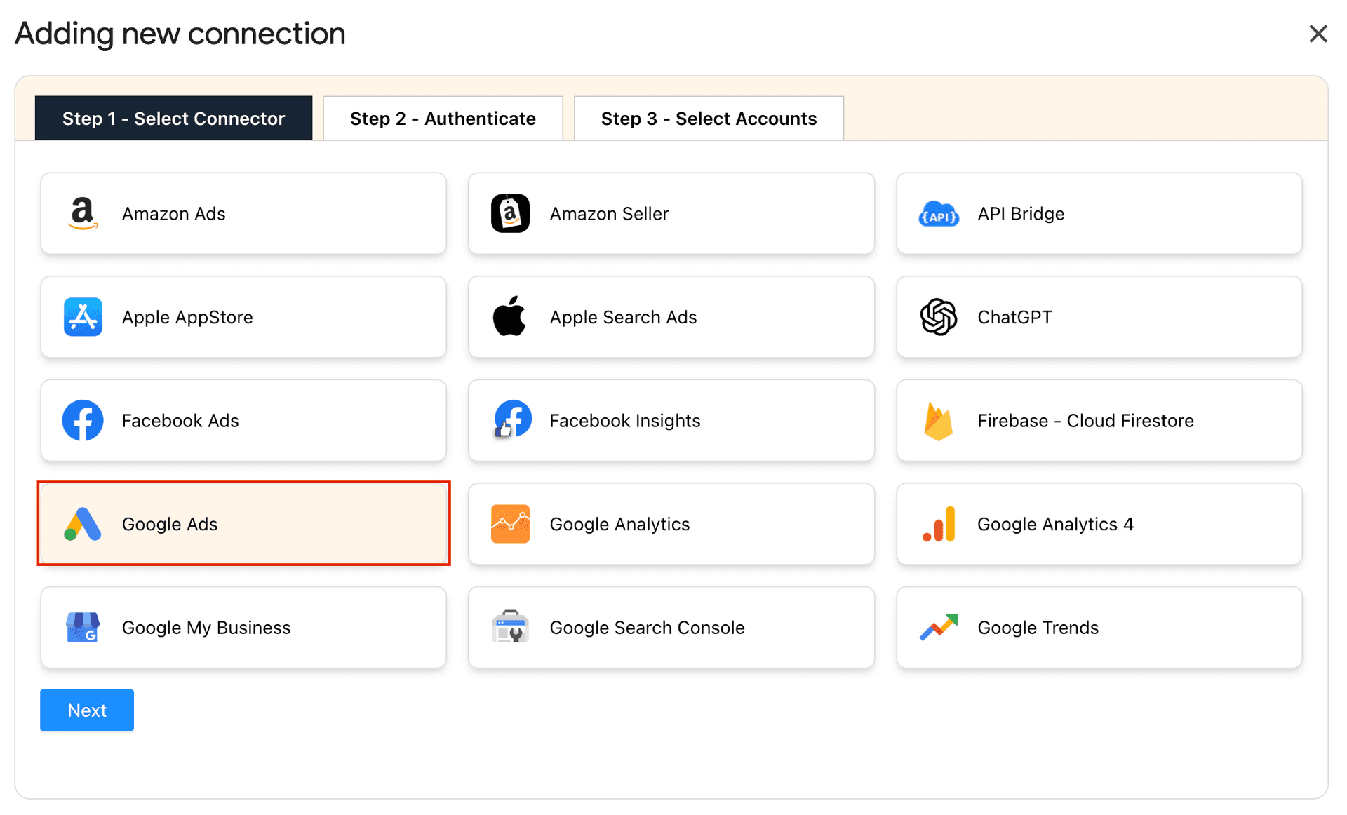 Select the Google Ads connector
