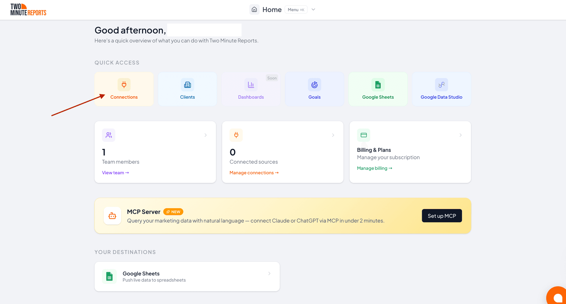 Click Connection to create and enable your Reddit Ads accounts with Two Minute Reports