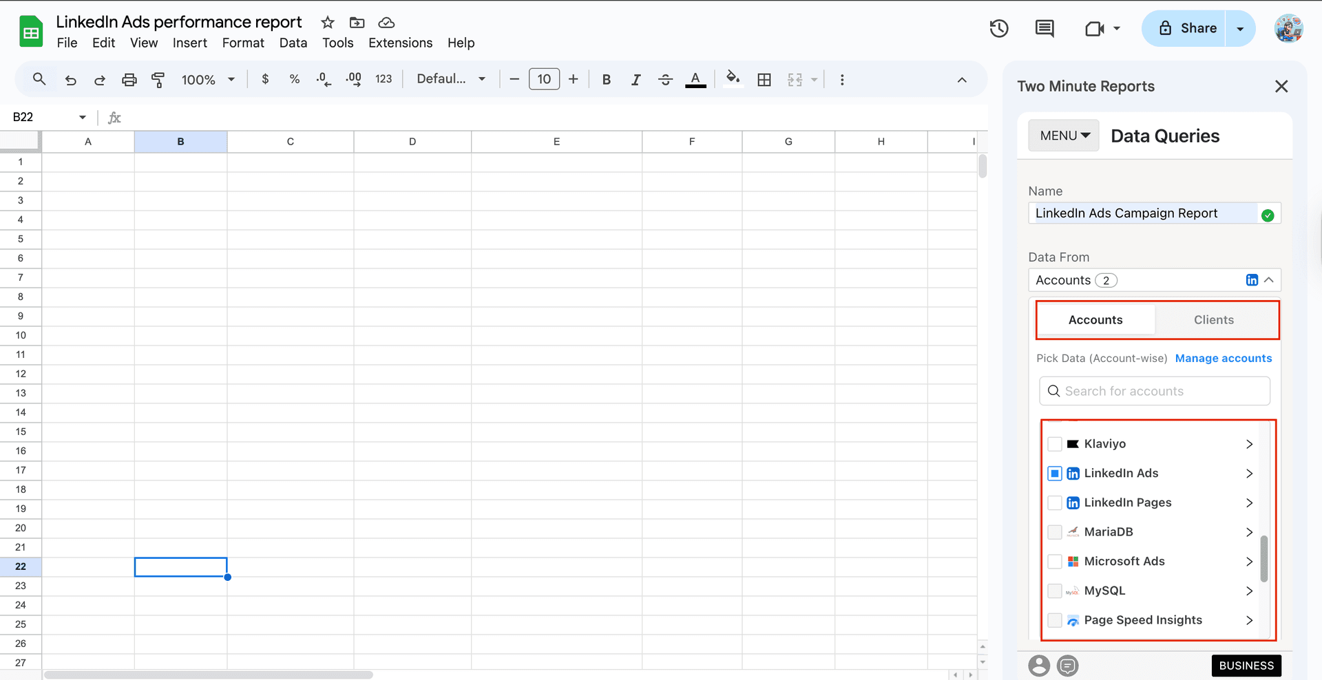 Choose the required LinkedIn Ad accounts from the sidebar