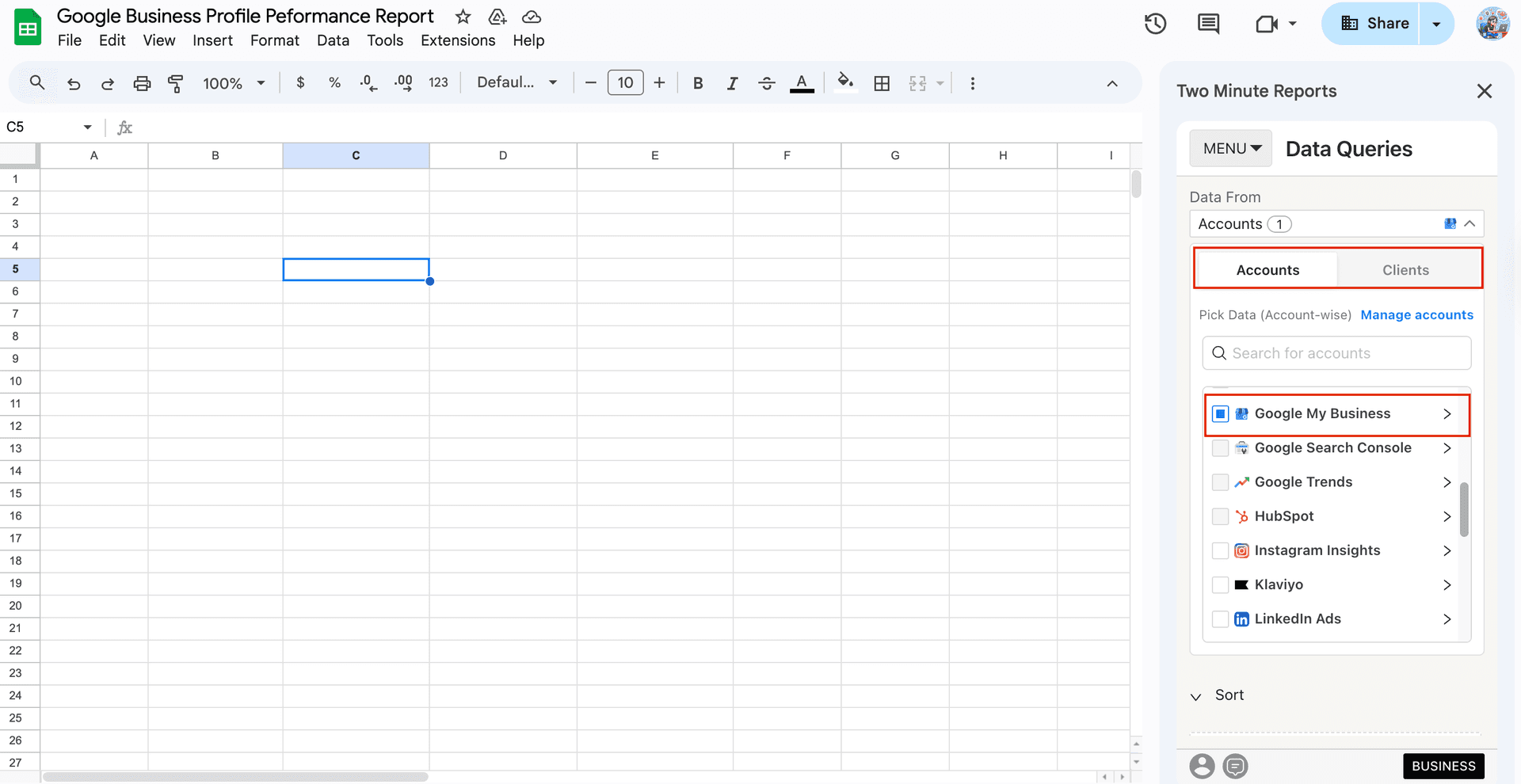 Select GMB accounts from the Two Minute Reports sidebar