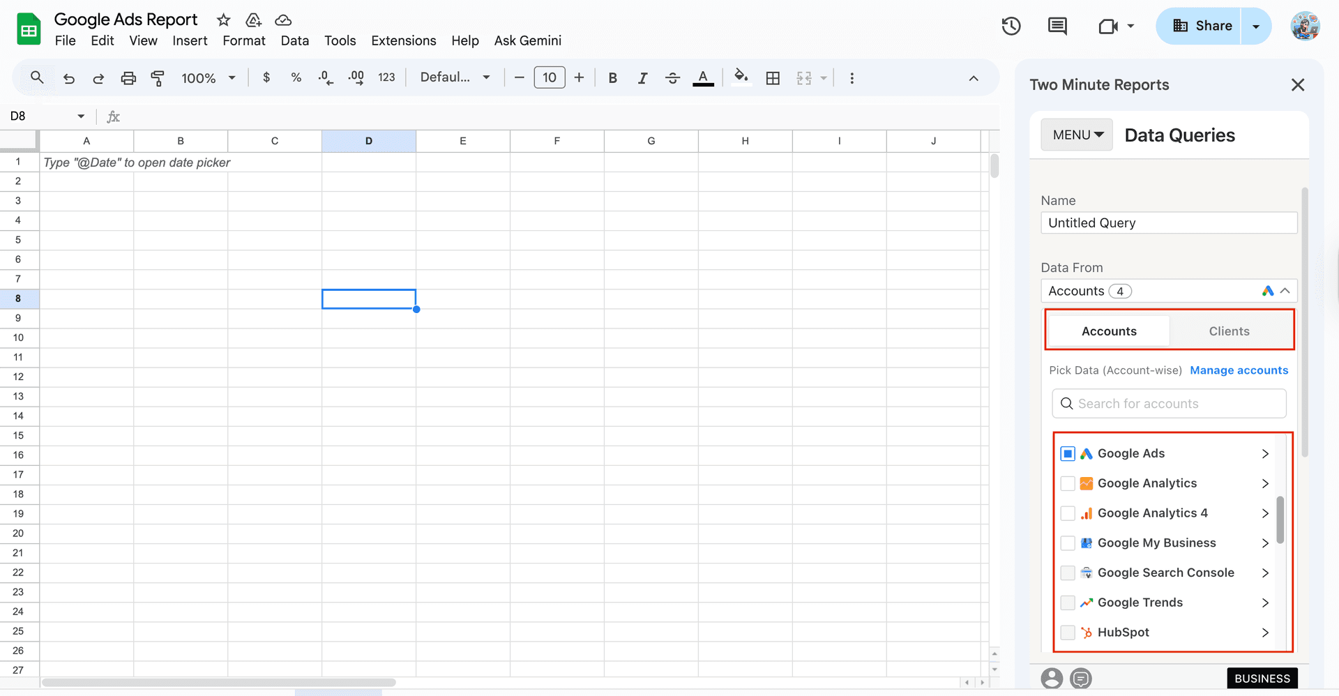 Select Google Ads accounts from the Two Minute Reports sidebar