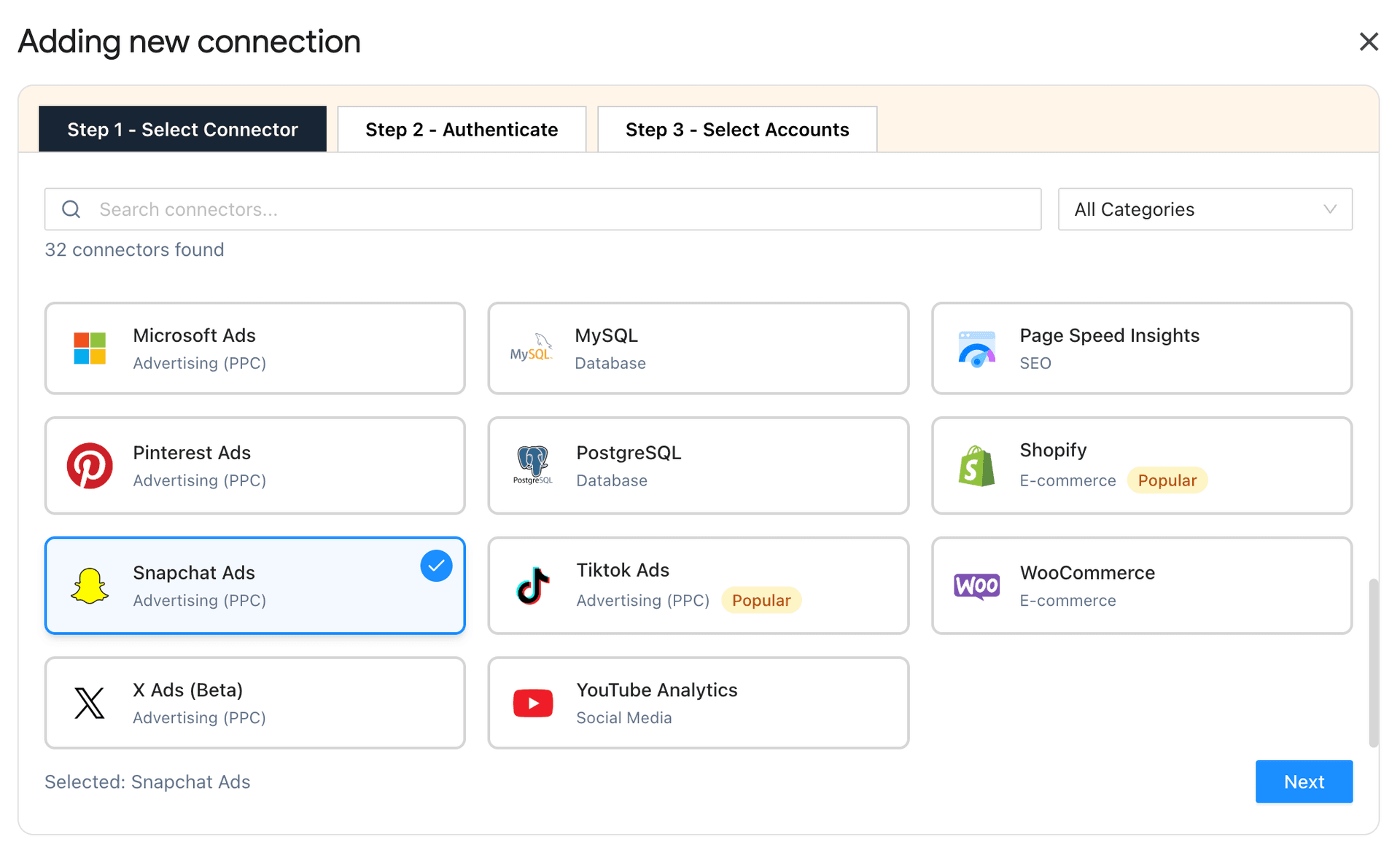 Select Snapchat Ads Google Sheets connector