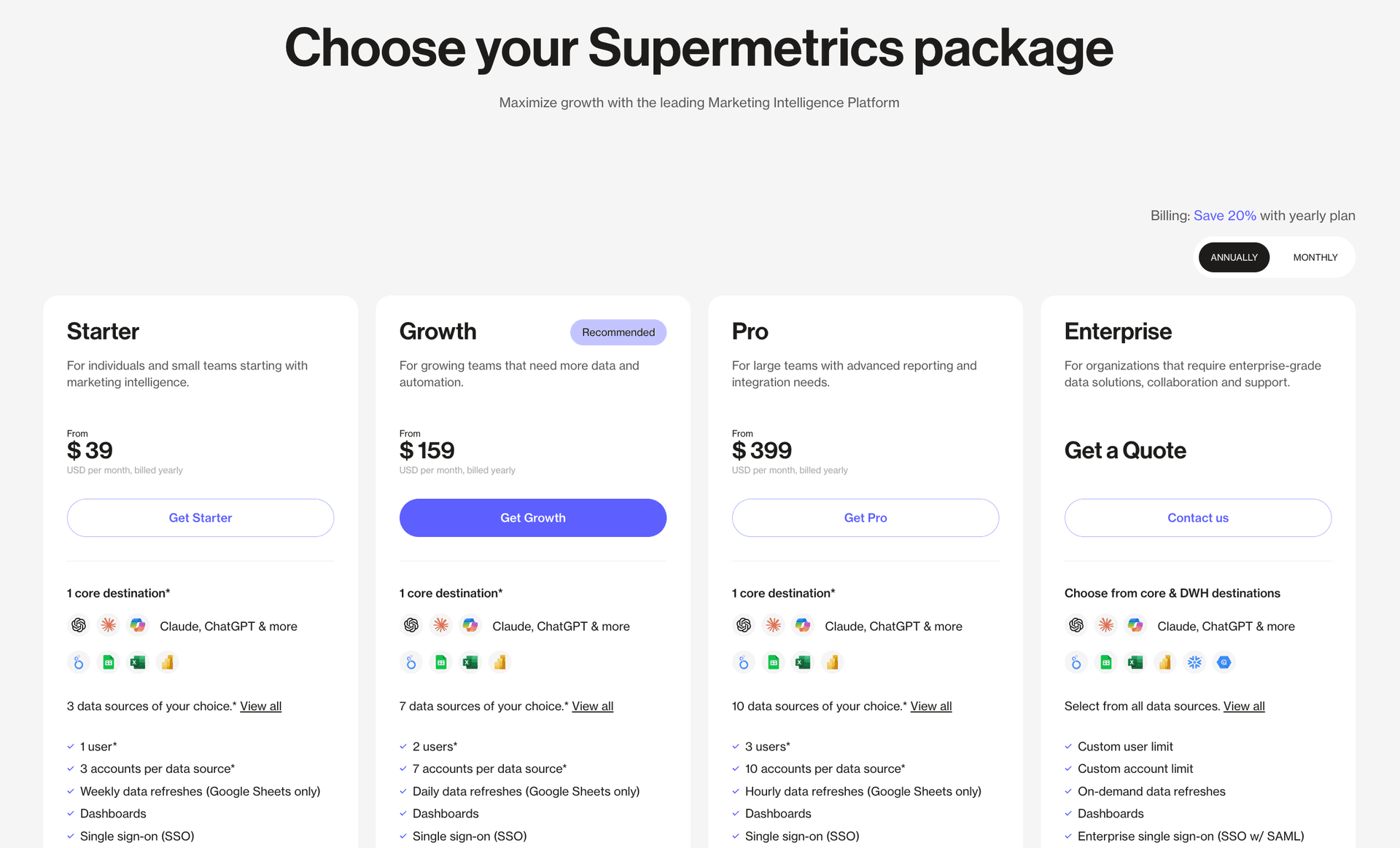 Supermetrics pricing plans 2026